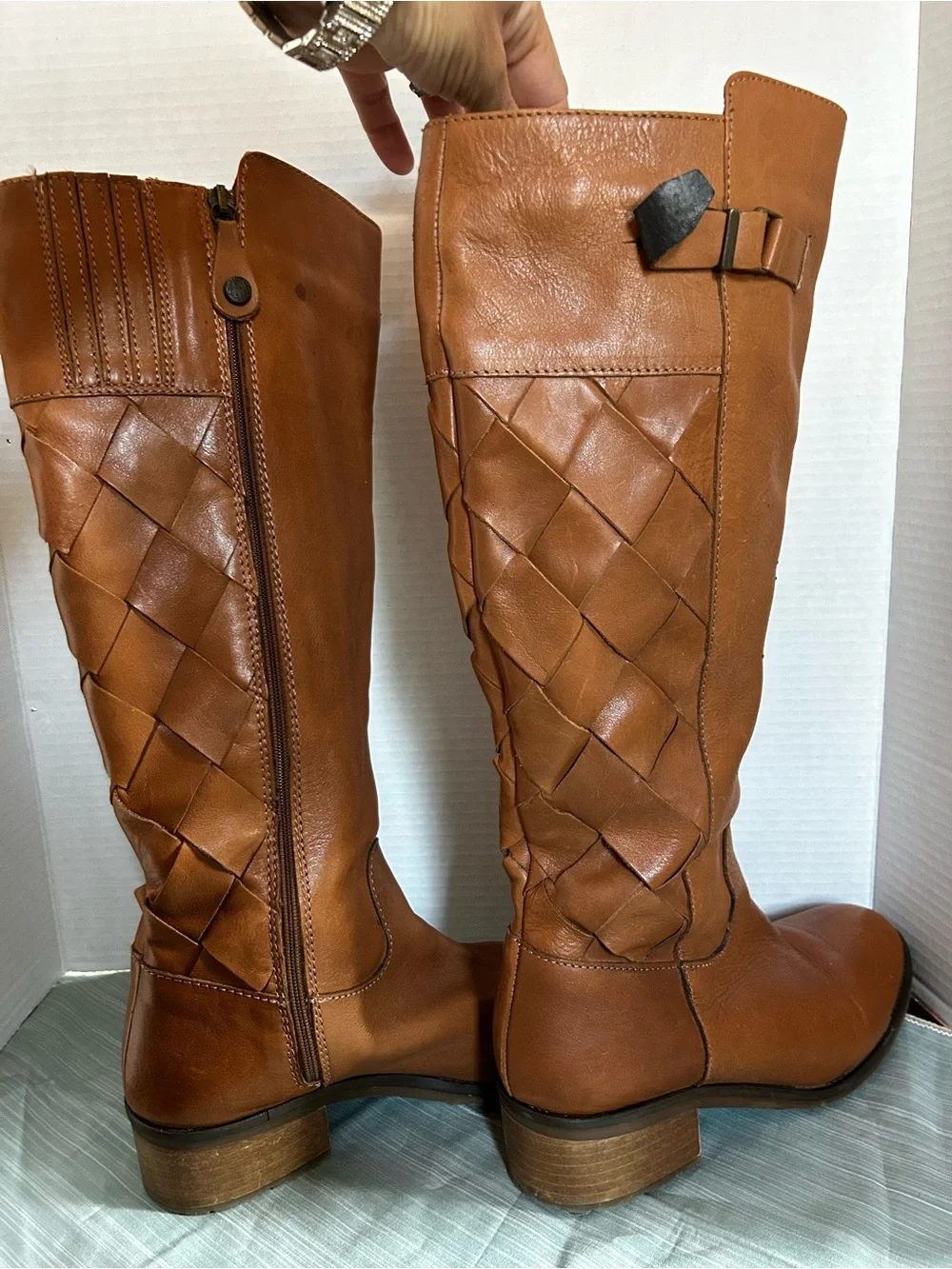 Women's Over-the-Knee Tan Leather Boots with Woven Side Detail